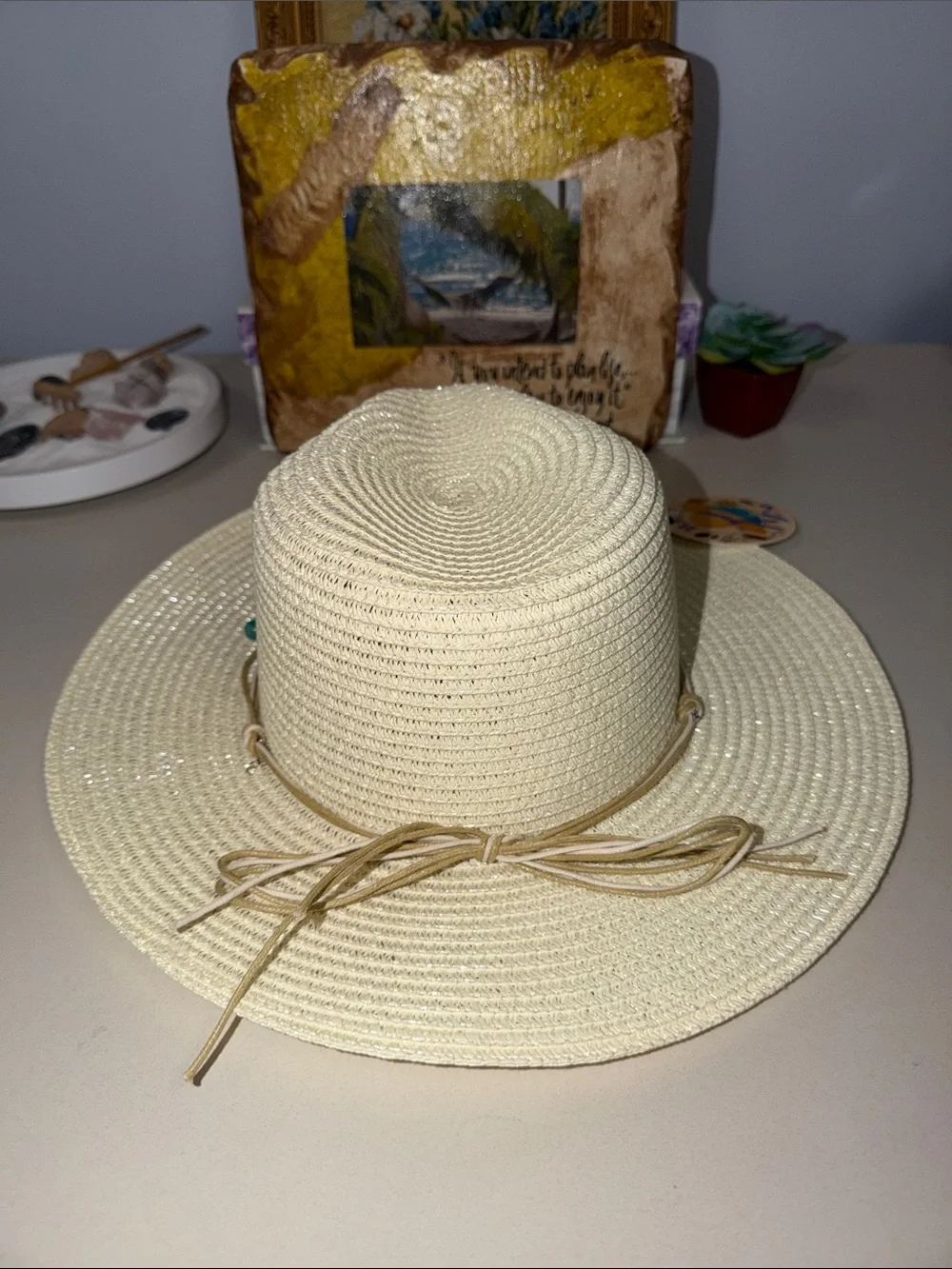 ROYAL Ivory Beaded Silver Tone Chain Triple Cord Tie Coastal Boho Straw Sun Hat
